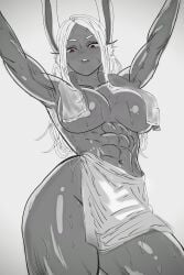2d 2d_(artwork) abs after_bath arms_up belly_button boku_no_hero_academia bunny_ears dark-skinned_female dark_skin dominant dominant_female female greyscale looking_at_viewer mirko miruko mommy monochrome muscular muscular_female my_hero_academia naked navel nude rabbit_ears rumi_usagiyama shaded sweat sweatdrop sweating thick_thighs thighs toned toned_female towel towel_around_neck towel_only white_hair