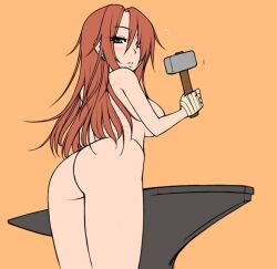 anvil ass blacksmith elizabeth_amberstone female_only hammar kuroonehalf long_hair looking_back nude oc sideboob simple_background tagme