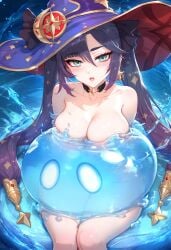 1girls ai_generated bangs black_hair blush breasts choker cleavage collarbone depressu female genshin_impact happy hat large_breasts long_hair looking_at_viewer mona_(genshin_impact) open_mouth sitting slime slime_(genshin_impact) slime_(substance) solo thick_thighs twintails very_long_hair witch_hat