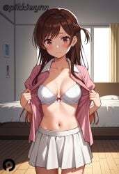 ai_generated bangs bed blush bow_bra bra braid breasts brown_eyes brown_hair cleavage closed_mouth collarbone collared_shirt cowboy_shot curtains female indoors kanojo_okarishimasu long_hair looking_at_viewer medium_breasts miniskirt mizuhara_chizuru navel one_side_up open_clothes open_shirt pikkiwynn pink_jacket pink_shirt pleated_skirt shirt skirt solo standing stomach underwear white_bra white_skirt window