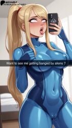 1girls ahe_gao ai_generated blonde_hair blush bodysuit breasts cameltoe cellphone covered_navel covered_nipples covering_crotch english_text eyes_rolling_back holding_object holding_phone large_breasts lips long_hair metroid mevarej mirror mirror_selfie patreon patreon_username ponytail purple_eyes pussy_juice rolling_eyes samus_aran selfie skin_tight snapchat solo zero_suit_samus