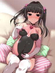 belly_grab black_hair blush bodysuit breasts closed_mouth couch covered_navel elbow_gloves female gloves grabbing_own_breast hair_ribbon highres indoors lactation large_breasts long_hair looking_at_viewer on_couch pillow pregnant red_eyes ribbon senki_zesshou_symphogear sitting smile solo thighhighs tsukuyomi_shirabe twintails white_thighhighs yoshi_tama
