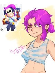 blush brawl_stars breasts female half-dressed jelipherr_(artist) one_eyed penny_(brawl_stars) pink_hair pirate small_breasts wet_body wet_clothes