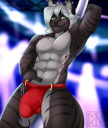 1boy anthro balls bulge clothing green_eyes hair jockstrap kinkmasternero kyte_frost looking_at_viewer male male_only mostly_nude muscular muscular_male pole solo stripper_pole underwear white_hair