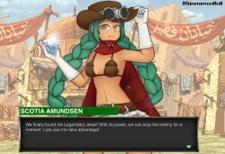 belt bra braids breasts brown_eyes diamond english_text freckles freckles_on_face gem gloves goggles goggles_on_headwear green_hair hat jewel metal_slug metal_slug_attack navel rsinnamonroll scarf scotia_amundsen skirt smile text text_box twin_braids