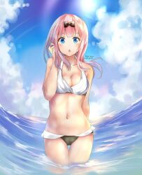 1girls artist_name beach big_breasts bikini blue_eyes breasts busty female female_only fujiwara_chika highres kaguya-sama_wa_kokurasetai_~tensai-tachi_no_renai_zunousen~ large_breasts long_hair looking_at_viewer navel ocean open_mouth pink_hair solo source_request swimsuit voluptuous water white_bikini