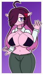 big big_thighs blush bra breasts cardelia exhibitionism green_pants heart long_hair nervous_smile oc original_character pants pink_skin purple_hair shirt thighs verdoshonsfw waving