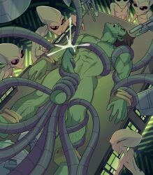 2025 alien ball_stretching balls bara body_hair brown_hair chest_tattoo commission completely_naked completely_naked_male completely_nude completely_nude_male cum cumshot ejaculation gay gen¹³ green_skin grunge grunge_(gen13) male_only mechanical_tentacles naked nipples nude penis probing restrained tattoo tentacle tentacle_in_urethra tentacle_on_male urethral_insertion yuunsfw