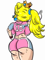 1girls alternate_breast_size ass ass_focus back backboob big_ass big_breasts blonde_hair breasts busty crown earrings fat_ass female female_focus from_behind gloves hand_on_hip highres huge_ass jewelry large_breasts long_hair looking_afar mario_(series) mario_strikers mario_strikers_peach_back_view_redraw_(meme) midriff nintendo outstretched_arm pink_shirt pink_shorts ponytail pose posing princess_peach sensual shirt short_shorts short_sleeves shorts soccer_uniform solo sportswear standing sweat thick_thighs thighs two-tone_shirt white_gloves wide_hips