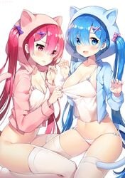 2girls animal_hood ayami ayamy bangs blue_eyes blue_hair blue_hoodie blush bow breasts cat_hood cat_tail cleavage collarbone eyebrows_visible_through_hair female female_only fingernails hair_ornament hair_through_headwear hairbow hoodie incest large_breasts long_hair looking_at_viewer medium_breasts multiple_girls navel no_panties on_knees oni open_clothes open_mouth panties pink_bow pink_eyes pink_hair pink_hoodie purple_bow ram_(re:zero) re:zero_kara_hajimeru_isekai_seikatsu rem_(re:zero) ribbon shirt_pull siblings sister sisters sitting small_breasts tail thighhighs twincest twins underwear very_long_hair white_legwear white_panties white_shirt yuri