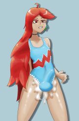 1boy bulge bulge_through_clothing choker climax cum_explosion cumming cumming_in_clothes cumming_through_clothing earrings ejaculation epic_omi erection erection_under_clothes femboy long_hair oc original_character red_eyes red_hair self_upload swimsuit swimwear