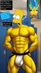 1boy 1girls 20th_century_fox 20th_century_studios ai_generated bart_simpson big_breasts comic_panel dialogue jockstrap large_balls locker_room male_focus marge_simpson the_simpsons yellow_skin