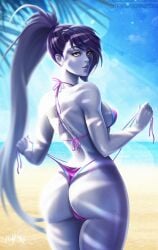 ass back_view beach bikini breasts curvy dat_ass female female_only looking_at_viewer looking_back ocean overwatch overwatch_2 pink_bikini prywinko shiny_ass sideboob thick thick_ass thick_thighs untying wedgie wide_hips widowmaker