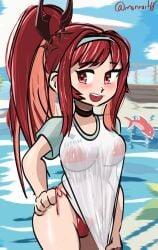 :d alternate_breast_size bikini breasts day female goddess goddess_of_victory:_nikke large_breasts long_hair looking_at_viewer micro_bikini pool rapi_(nikke) rapi_(red_hood)_(nikke) rapi_(red_hood)_(red_flavor)_(nikke) red_bikini smile solo string_bikini swimsuit thick_thighs thighs wet wet_clothes wet_skin