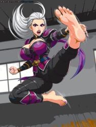 armor barefoot combat dress feet fight foot_fetish foot_focus in_air mortal_kombat shouting sindel sole_female soles toes white_hair