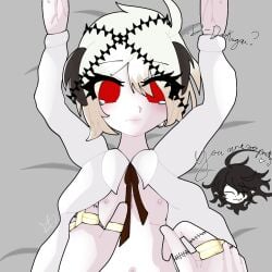 2boys abuse ahoge ascot bed_sheet black_hair blonde_hair closed_eyes closed_mouth demon demon_boy demon_horns dokugai dubious_consent ear_piercing funamusea gay glowing_eyes hair_ornament hands_up hitoki horns jacket looking_at_viewer male_only mim4_aa mouth_piercing navel nipples open_jacket pov_hands red_ascot red_eyes ring self_upload short_hair size_difference smile tears topless_male wavy_mouth white_jacket yaoi