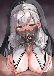 1boy absurdres black_veil blush breastless_clothes breasts commentary_request covered_fellatio dark_background female gradient_background green_eyes grey_hair habit heavy_breathing highres hololive kokemomo_(makesound) large_breasts looking_at_viewer mouth_veil nipples nose_blush official_alternate_costume paid_reward_available paizuri see-through shirogane_noel shirogane_noel_(7th_costume) simple_background sweat textless_version uncensored veil virtual_youtuber