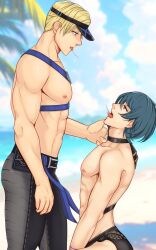 2boys abs after_kiss alternate_costume arachmo beach blonde_hair blue_eyes blue_sky byleth_(fire_emblem) byleth_(male)_(fire_emblem) cloud cloudy_sky commission dimitri_alexandre_blaiddyd dimitri_alexandre_blaiddyd_(summer) fire_emblem fire_emblem:_three_houses fire_emblem_heroes green_hair highres looking_at_another male male_only male_swimwear maledom malesub multiple_boys nintendo official_alternate_costume palm_tree pectorals saliva sand sky swim_trunks swimsuit tree visor_cap yaoi