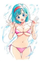 ai_assisted ai_generated ass_visible_through_thighs bare_arms bare_belly bare_legs bare_shoulders bare_thighs belly_button big_breasts bikini bikini_top_pull blue_eyes blue_hair blush breasts bulma_briefs bulma_briefs_(frieza_saga) cleavage collarbone dragon_ball dragon_ball_z hairband jei_games open_mouth pink_bikini short_hair side-tie_bikini_bottom sideboob smile thighs underboob water