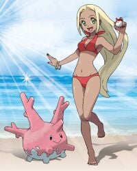 1girls beach bikini blonde_hair bracelets breasts clouds corsola green_eyes holding_poke_ball long_hair looking_at_viewer medium_breasts midriff nail_polish navel nintendo npc_trainer ocean outside painted_fingernails painted_toenails pokeball pokemon pokemon_xy red_bikini red_nails red_swimsuit sky swimmer_(pokemon) swimmer_(pokemon_xy) swimsuit tellzeta water