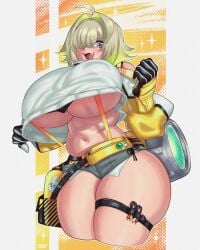 2024 2d 2d_(artwork) ahoge ass blonde_hair breasts cute_fang elegg_(nikke) female flatillustratorkhan gloves goddess_of_victory:_nikke green_hair hair howardk huge_ass huge_breasts huge_butt huge_thighs short_shorts shorts skindentation solo suspenders tagme thick thick_ass thick_butt thick_hips thick_legs thick_thighs thigh_strap underboob wide_ass wide_hips wide_thighs