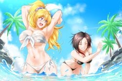 2girls beach beach_ball bikini black_bikini black_hair black_swimsuit blonde_hair breasts closed_eyes clouds female female_only holding_beachball human in_water kimmy77 large_breasts midriff multicolored_hair multiple_girls navel ocean outside palm_trees ponytail purple_eyes red_hair ruby_rose rwby short_hair side-tie_bikini side-tie_swimsuit sky spanking swimsuit water white_bikini white_swimsuit yang_xiao_long