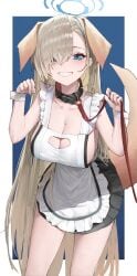 1girls apron asuna_(blue_archive) black_skirt blonde_hair blue_archive blue_eyes breasts collar dog_ears dog_tail fake_animal_ears fake_tail halo hwan_(verypoor) large_breasts leash long_hair looking_at_viewer mole mole_on_breast nearly_naked_apron skirt wrist_cuffs