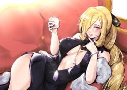 1girls black_dress blonde_hair blue_eyes bracelet breasts center_opening couch cynthia_(pokemon) dress drinking_glass evening_gown feather_boa hair_ornament hair_over_one_eye holding_glass large_breasts laying_on_couch long_hair looking_at_viewer milf necklace nintendo painted_fingernails pokemon pokemon_dppt side_slit vialnite