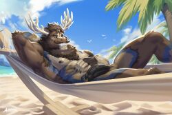 abs amon-sydonai anthro antlers balls beach_background bodily_fluids deer diffuse_moose fangs genital_fluids genitals hammock hi_res horn leaking_precum male mammal moose muscular muscular_anthro muscular_male new_world_deer nipples pecs penis precum sharp_teeth solo teeth vein veiny_penis