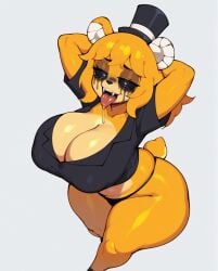 1girls ai_generated anthro anthro_only big_breasts breasts cleavage fazclaire&#039;s_nightclub female female_only five_nights_at_freddy&#039;s fredina&#039;s_nightclub furry furry_only golden_freddy_(fnaf) golden_fredina_(cally3d) rocksolidart runny_makeup saliva scottgames solo solo_female thick_thighs tongue tongue_out type_0 white_background wide_hips