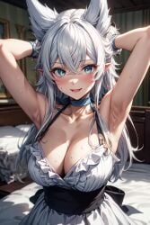 1female 1girls ai_generated armpits arms_up bed bedroom big_breasts blue_eyes_female breasts commentary_request english_commentary female female_focus female_only fenrys hi_res highres light-skinned_female light_skin lv2_kara_cheat_datta_motoyuusha_kouho_no_mattari_isekai_life mixed-language_commentary pointy_ears solo solo_focus wolf_ears wolf_girl