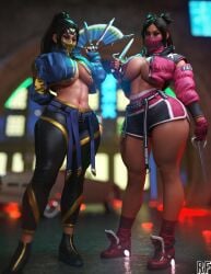 2girls 3d big_breasts booty_shorts earthrealm_kitana earthrealm_mileena huge_breasts inner_sideboob kitana kitana_(new_era) large_breasts masked_female mileena mileena_(new_era) mortal_kombat mortal_kombat_1_(2023) rude_frog short_shorts shorts sisters tagme thick_thighs tights underboob