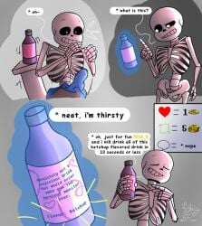 aphrodisiac aphrodisiac_liquid bottle dialogue drink fallen_ghost_angel_(artist) like_and_retweet male_only sans skeleton undertale