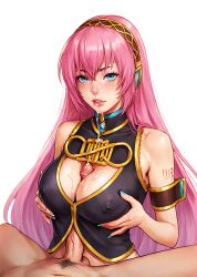 1boy1girl ai_generated armband blue_eyes blue_nails breast_grab cleavage cum cum_on_breasts cum_on_face cum_on_lips headphones large_breasts megurine_luka nipple_bulge paizuri penis penis_on_breast pink_hair pony_diffusion_xl very_long_hair vocaloid