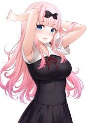 1girls armpits arms_behind_head big_breasts blue_eyes blush breasts busty female female_only fujiwara_chika highres kaguya-sama_wa_kokurasetai_~tensai-tachi_no_renai_zunousen~ large_breasts long_hair looking_at_viewer pink_hair pose posing school_uniform solo voluptuous