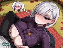 1boy 1girls ai_generated autumn_leaves black_eyes black_pants blush breasts chibi_inset clothes_lift erection expressionless eyeshadow fiona_frost grey_hair hair_over_one_eye large_breasts leaf looking_at_viewer makeup paizuri paizuri_under_clothes pants pengu997 penis pov ribbed_sweater short_hair solo_focus spy_x_family straight sweater sweater_lift thought_bubble tsurime turtleneck turtleneck_sweater white_hair