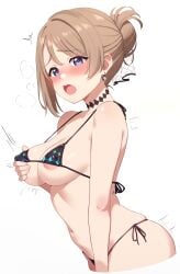 ass bikini bikini_top blue_eyes blush bra breasts brown_hair choker cleavage earrings female from_side jewelry linatai love_live! love_live!_sunshine!! medium_breasts navel nipples nipples_visible_through_clothing sideboob stomach swimsuit swimwear watanabe_you wavy_hair