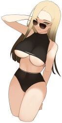 blonde_hair blue_eyes breasts closers glasses hand_behind_head harpy_(closers) large_breasts looking_over_eyewear looking_over_sunglasses minma mole_under_eye revealing_clothes shades source_request sunglasses thick_thighs tinted_eyewear underboob