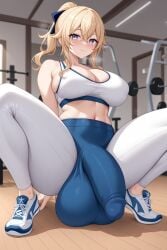 1futa abs ai_generated ball_bulge balls_outline balls_under_clothes big_balls big_breasts blonde_hair blue_eyes breasts bulge_through_clothing bulge_under_clothes flaccid futa_only futanari genshin_impact gigantic_balls gigantic_penis gym gym_clothes huge_balls huge_breasts huge_penis hyper hyper_balls hyper_penis indoor jean_gunnhildr legs_apart light-skinned_futanari penis penis_bulge penis_under_clothes solo solo_futa squatting