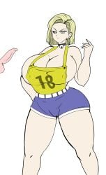 1boy 1girls android_18 big_breasts big_butt blonde_hair breasts breasts_bigger_than_head dragon_ball dragon_ball_z female female_focus huge_breasts large_breasts male milf offscreen_male penis polyphiai short_hair