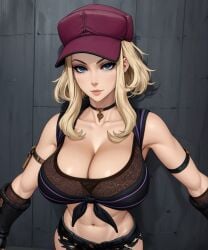 blonde_hair blonde_hair_female blue_eyes breasts coco_(code_vein) code_vein female hat huge_breasts large_breasts looking_at_viewer pale-skinned_female pale_skin short_hair