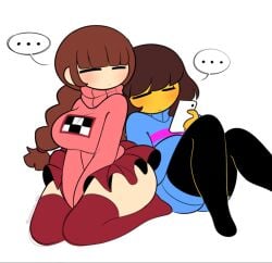 1girls big_ass big_breasts big_butt blank_expression brown_hair frisk frisk_(undertale) ilovefuud laying_down madotsuki phone pink_hoodie puppysnackz sillysmugz skirt stockings undertale undertale_(series) white_skin yellow_skin yume_nikki