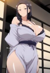 1girls ai_generated arisato_yu arms_behind_back big_breasts big_thighs blush blush_lines blushing_at_viewer bra breasts cleavage female female_focus female_only kimono long_hair looking_at_viewer mature mature_female milf miyajima_tsubaki no_panties purple_hair saimin_seishidou shiny shiny_hair shiny_skin sliding_doors smile sole_female thick_thighs thighs voluptuous voluptuous_female wafuku yukata