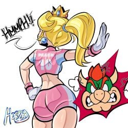 1boy 1girls anger_vein angry ass ass_focus back backboob big_ass big_breasts blonde_hair bowser breasts bursting_breasts busty crown earrings female female_focus female_only from_behind from_below gloves hand_on_hip highres jewelry large_breasts long_hair looking_afar mario_(series) mario_strikers mario_strikers_peach_back_view_redraw_(meme) midriff nintendo outstretched_arm pink_shirt pink_shorts ponytail princess_peach shirt short_shorts short_sleeves shorts soccer_uniform solo sportswear standing taunting thighs two-tone_shirt white_gloves wide_hips