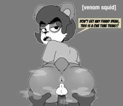 absurd_res animal_humanoid annoyed anthro anus ass ass_up balls balls_on_penis bear big_butt bodily_fluids butt_focus butt_grab clothed clothing digital_media_(artwork) duo english_text erection femboy fur genital_fluids genitals hair hand_on_butt hi_res hot_dogging huge_butt humanoid humanoid_genitalia humanoid_penis looking_at_viewer looking_back male male/male mammal musk open_mouth penile penis rear_view sex shirt simple_background sweat tail text tongue topwear venomsquid venomsquid_(character)