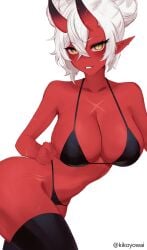 akumi bikini bikini_bottom bikini_top female horns huge_breasts oni oni_horns red_skin scars thighhighs virtual_youtuber vyugen white_hair yellow_eyes