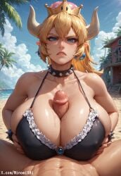 1boy 1boy1girl 1girls ai_generated angry bangs bare_shoulders beach bikini blonde_hair blue_eyes blush bowsette bracelet breast_squeeze breasts choker cleavage clothed clothed_female_nude_male collar collarbone crown earrings erection female frilled_bikini glaring horns huge_breasts huge_cock jewelry long_hair looking_at_viewer male mario_(series) messy_hair minomixai nail_polish navel nintendo outdoors paizuri paizuri_under_clothes penis piercing pointy_ears ponytail pov pov_crotch precum serious sharp_nails sharp_teeth shiny_skin spiked_bracelet spiked_collar straight super_crown throbbing_penis titjob uncensored voluptuous