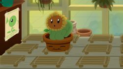 1girls brown_face emsdelaroz flower green_skin left_alone lineless lineless_art peashooter_(pvz) petals plant plants_vs_zombies pot stuck stuck_in_object sunflower sunflower_(pvz) zen_garden