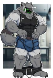 1boy anthro bara bulge bulge_through_clothing crotch_tuft leaking male_only muscular protogen synth07 two_tone_fur underwear undressing