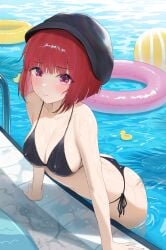 absurdres arima_kana ass ball beachball bikini black_bikini black_hat blunt_ends blush breasts chinese_commentary cleavage collarbone commentary fangfangtu female halterneck hat highres innertube looking_at_viewer medium_breasts oshi_no_ko pool poolside red_eyes red_hair rubber_duck short_hair side-tie_bikini_bottom solo string_bikini swim_ring swimsuit water_drop wet wet_hair